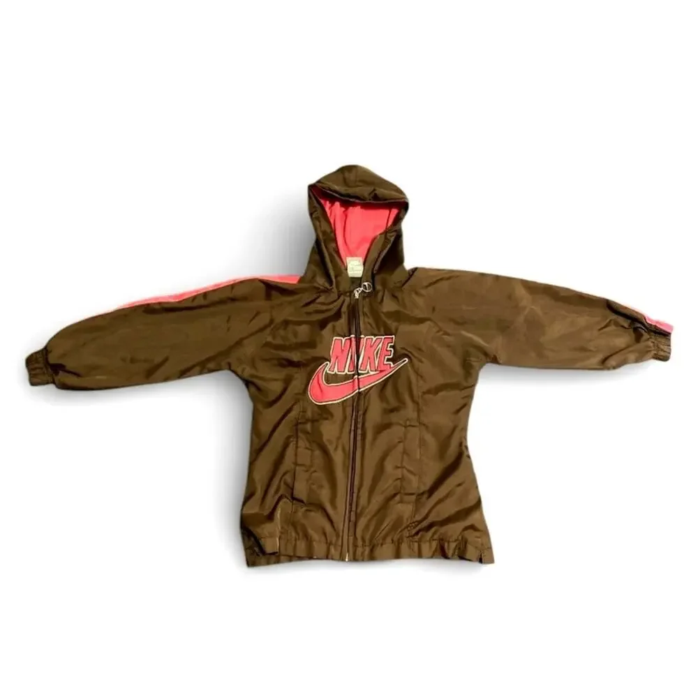 Nike Girl's Hooded Windbreaker Jacket 5 Brown Pink Front Logo Full Zip Up Coat